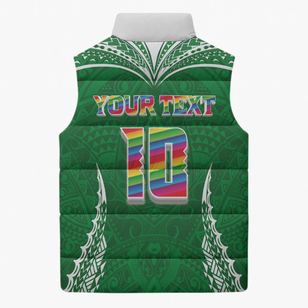 Custom Hawaii Rainbow Warriors Sleeveless Puffer Jacket Polynesian Motif Green Color