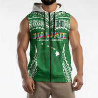 Custom Hawaii Rainbow Warriors Sleeveless Zip Hoodie Polynesian Motif Green Color
