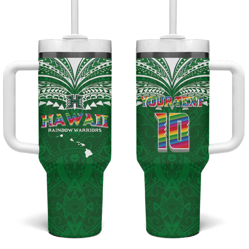 Custom Hawaii Rainbow Warriors Tumbler With Handle Polynesian Motif Green Color
