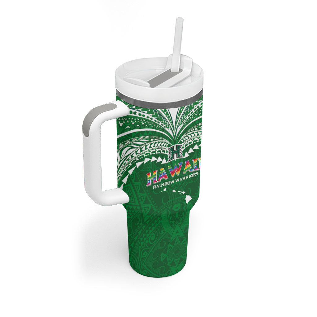 Custom Hawaii Rainbow Warriors Tumbler With Handle Polynesian Motif Green Color