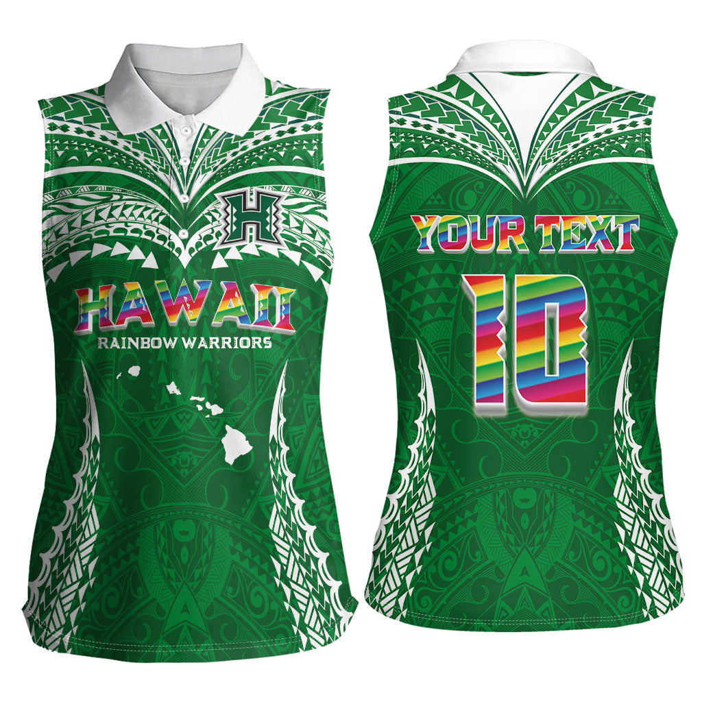 Custom Hawaii Rainbow Warriors Women Sleeveless Polo Shirt Polynesian Motif Green Color