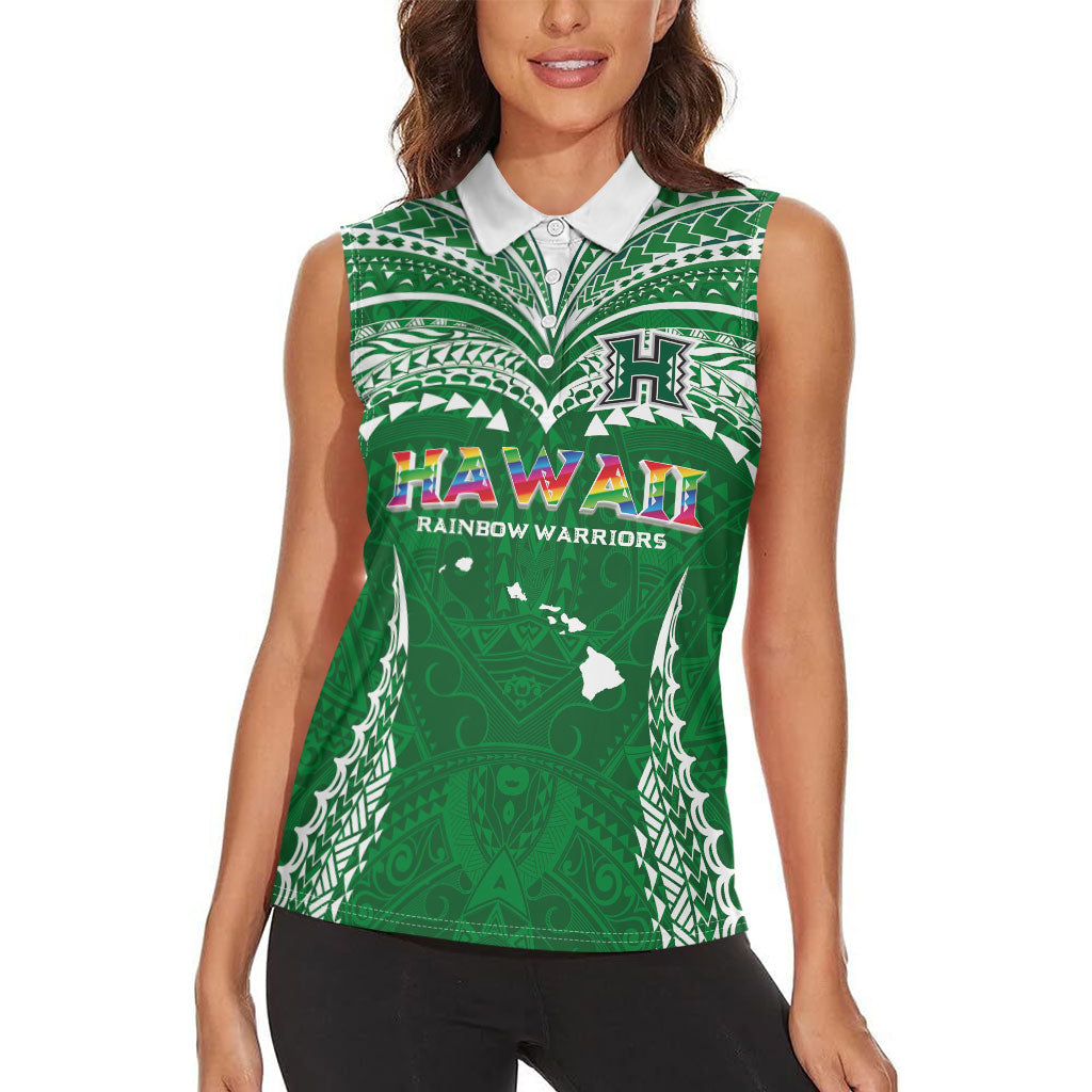 Custom Hawaii Rainbow Warriors Women Sleeveless Polo Shirt Polynesian Motif Green Color