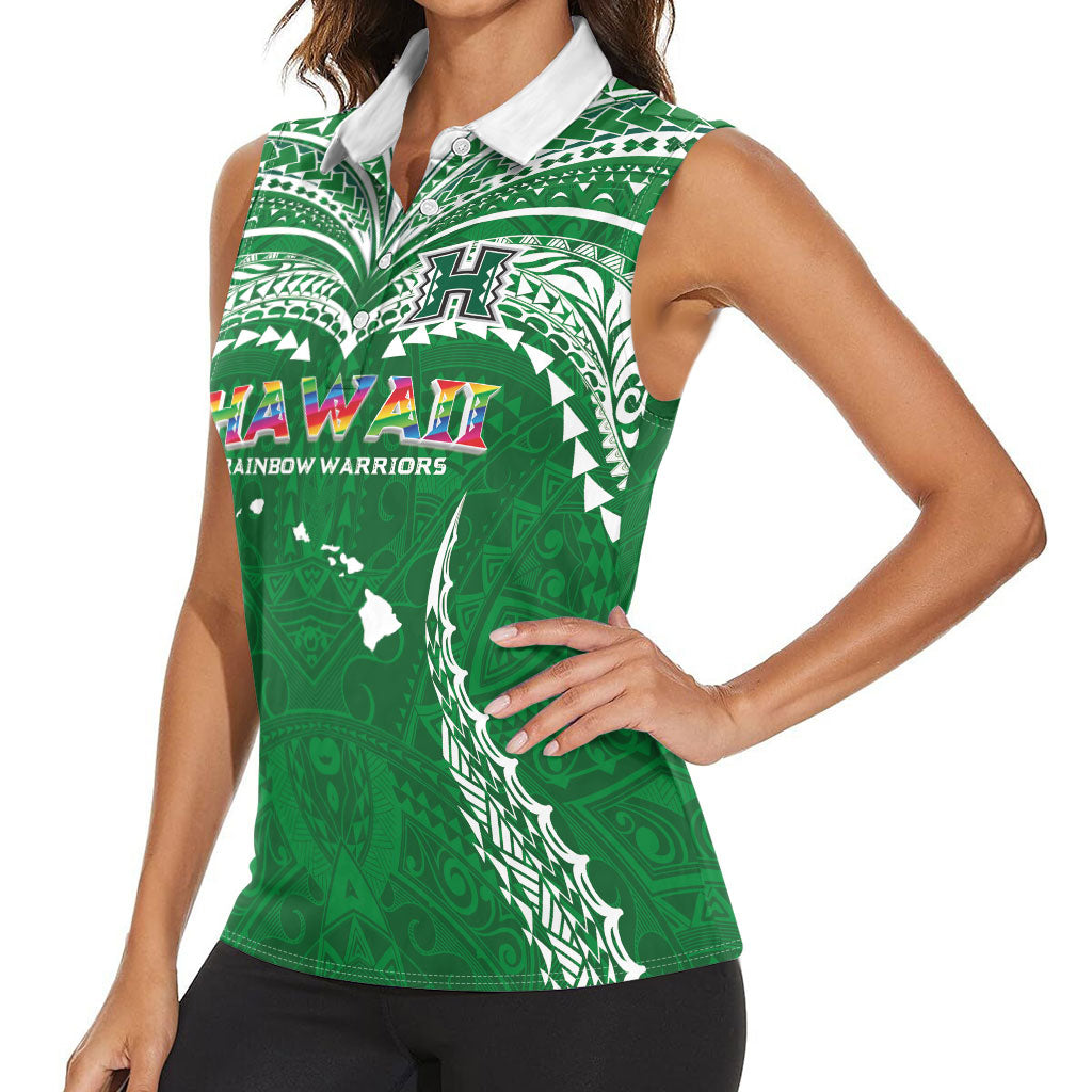 Custom Hawaii Rainbow Warriors Women Sleeveless Polo Shirt Polynesian Motif Green Color