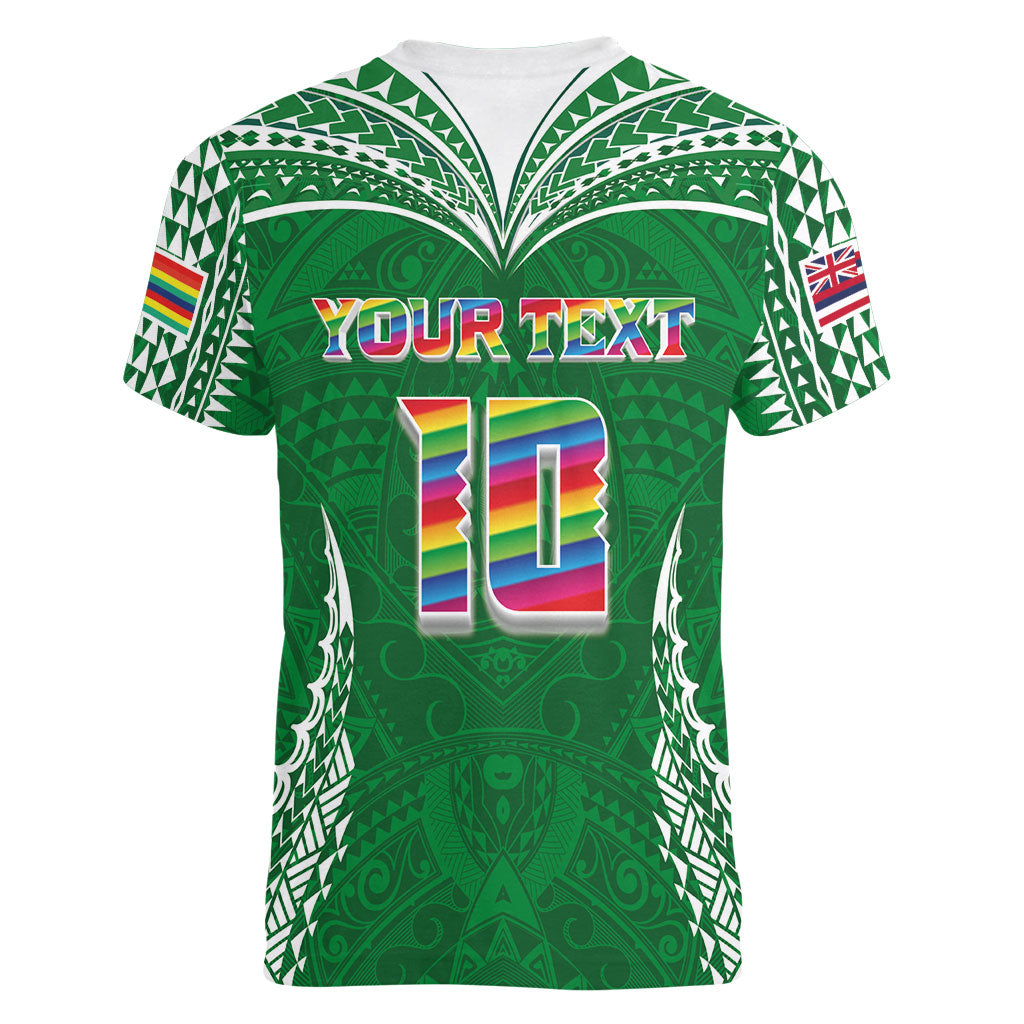 Custom Hawaii Rainbow Warriors Women V-Neck T-Shirt Polynesian Motif Green Color