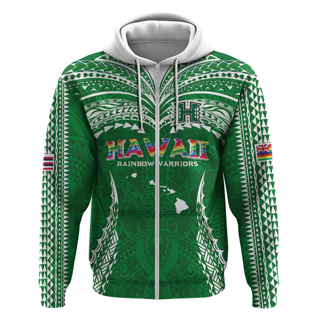 Custom Hawaii Rainbow Warriors Zip Hoodie Polynesian Motif Green Color