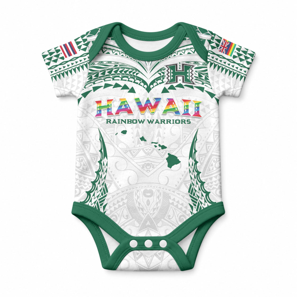 Custom Hawaii Rainbow Warriors Baby Onesie Polynesian Motif White Color