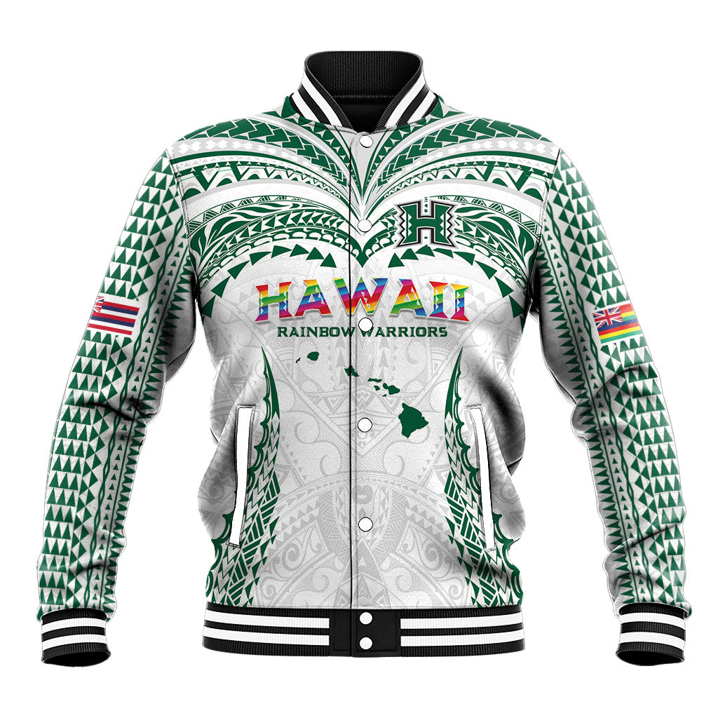 Custom Hawaii Rainbow Warriors Baseball Jacket Polynesian Motif White Color
