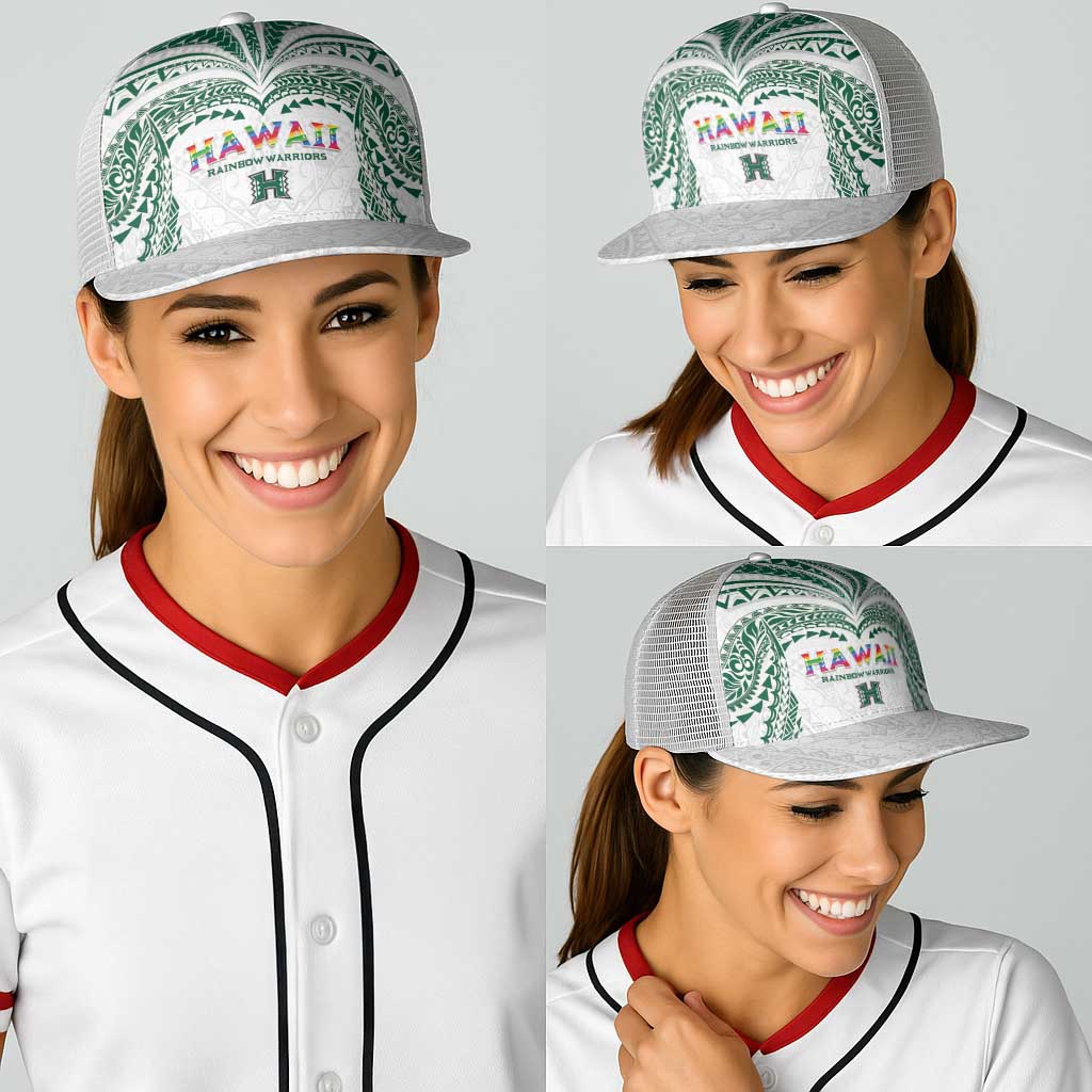 Hawaii Rainbow Warriors Baseball Net Cap Polynesian Motif White Color