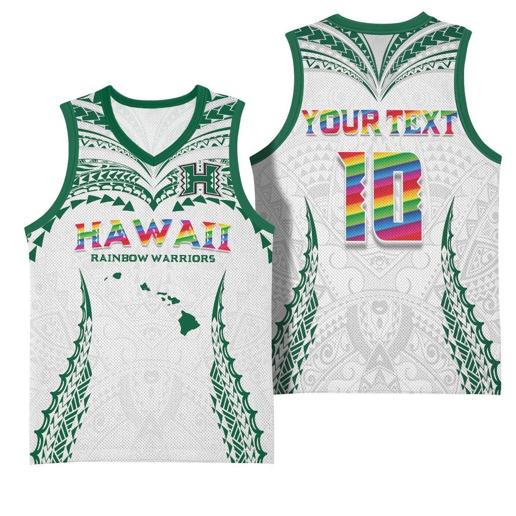 Custom Hawaii Rainbow Warriors Basketball Jersey Polynesian Motif White Color