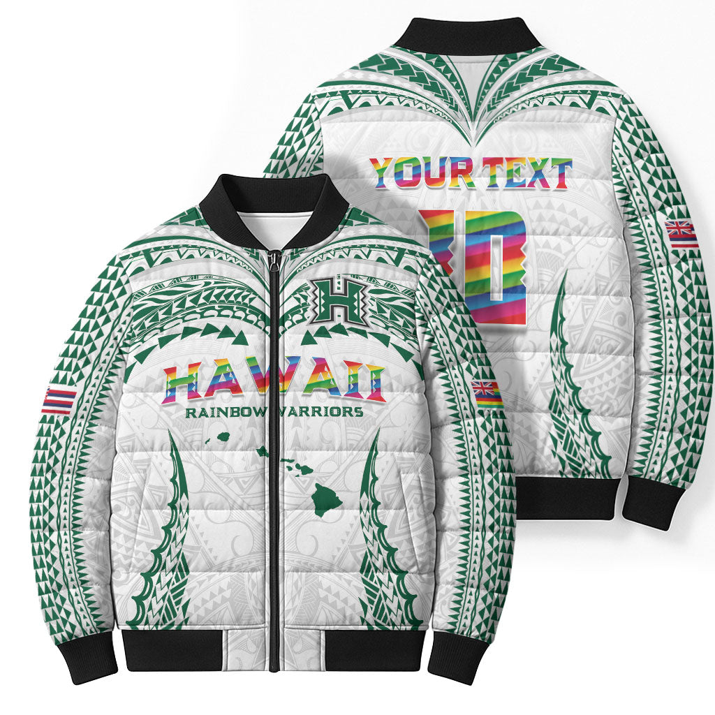 Custom Hawaii Rainbow Warriors Bomber Puffer Jacket Polynesian Motif White Color