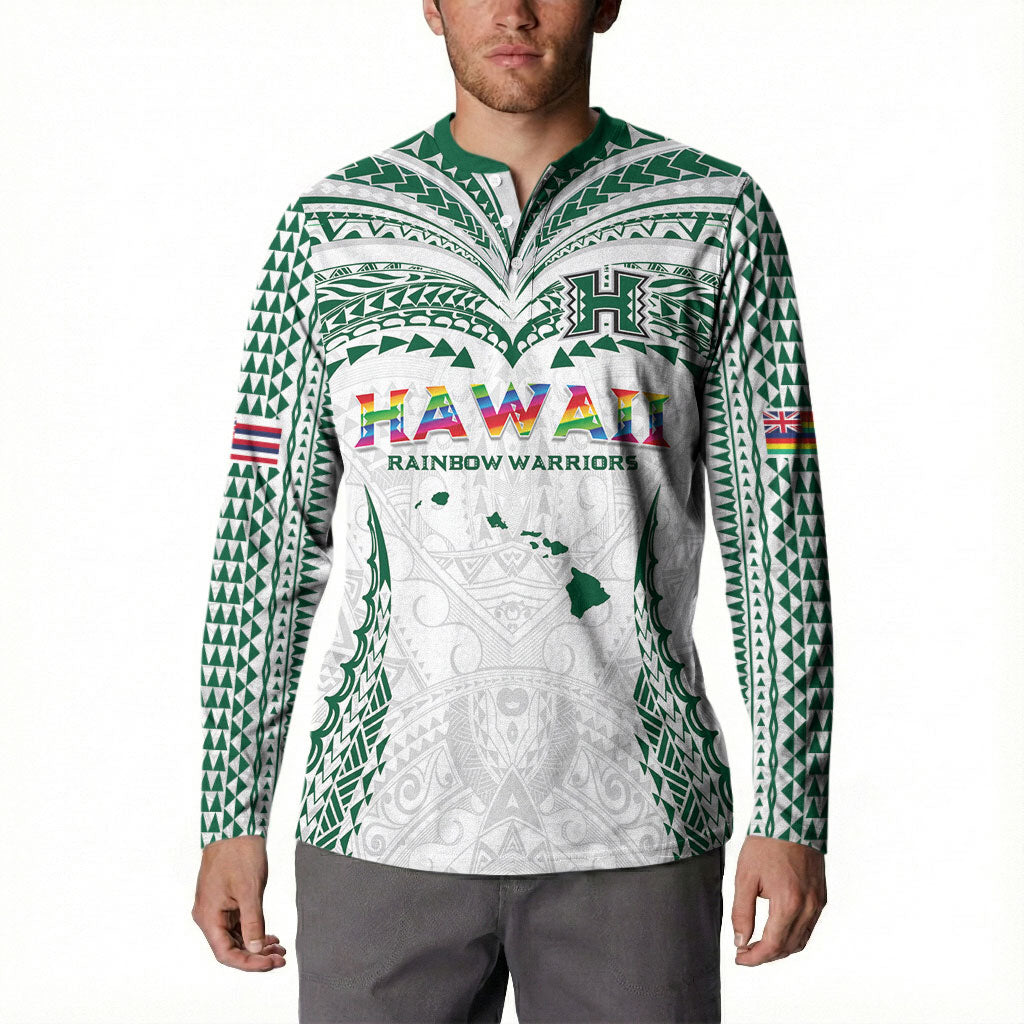 Custom Hawaii Rainbow Warriors Button Sweatshirt Polynesian Motif White Color