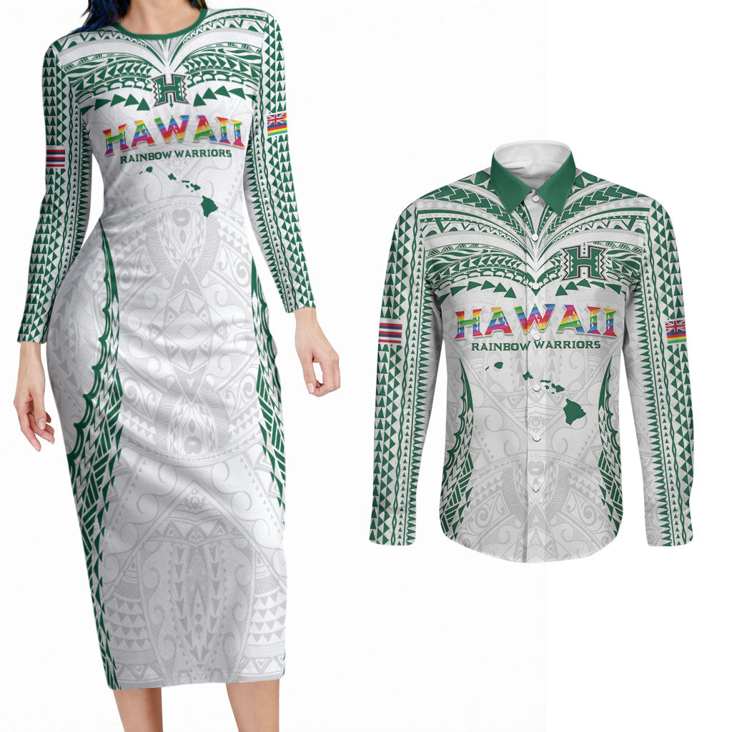 Custom Hawaii Rainbow Warriors Couples Matching Long Sleeve Bodycon Dress and Long Sleeve Button Shirt Polynesian Motif White Color