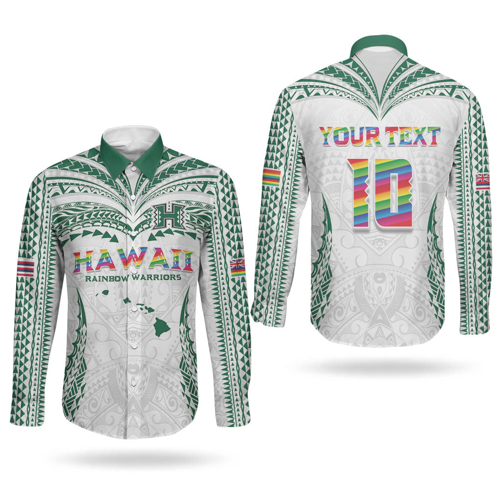 Custom Hawaii Rainbow Warriors Couples Matching Long Sleeve Bodycon Dress and Long Sleeve Button Shirt Polynesian Motif White Color