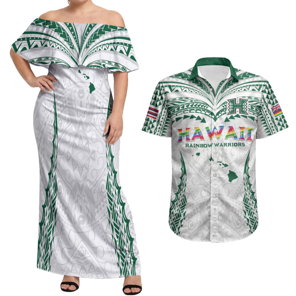 Custom Hawaii Rainbow Warriors Couples Matching Off Shoulder Maxi Dress and Hawaiian Shirt Polynesian Motif White Color