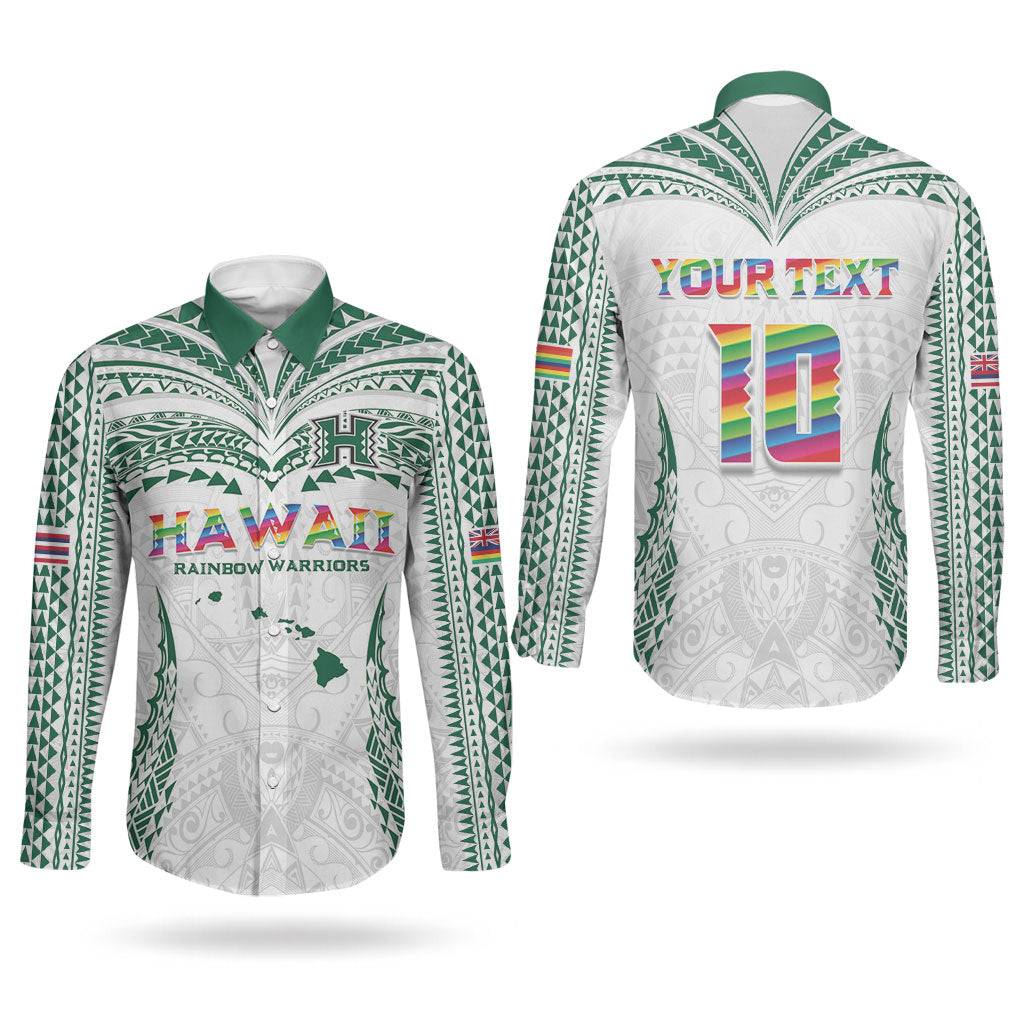 Custom Hawaii Rainbow Warriors Couples Matching Off Shoulder Maxi Dress and Long Sleeve Button Shirt Polynesian Motif White Color