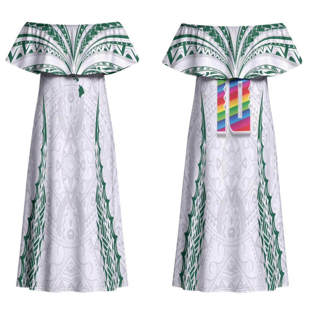 Custom Hawaii Rainbow Warriors Couples Matching Off Shoulder Maxi Dress and Long Sleeve Button Shirt Polynesian Motif White Color