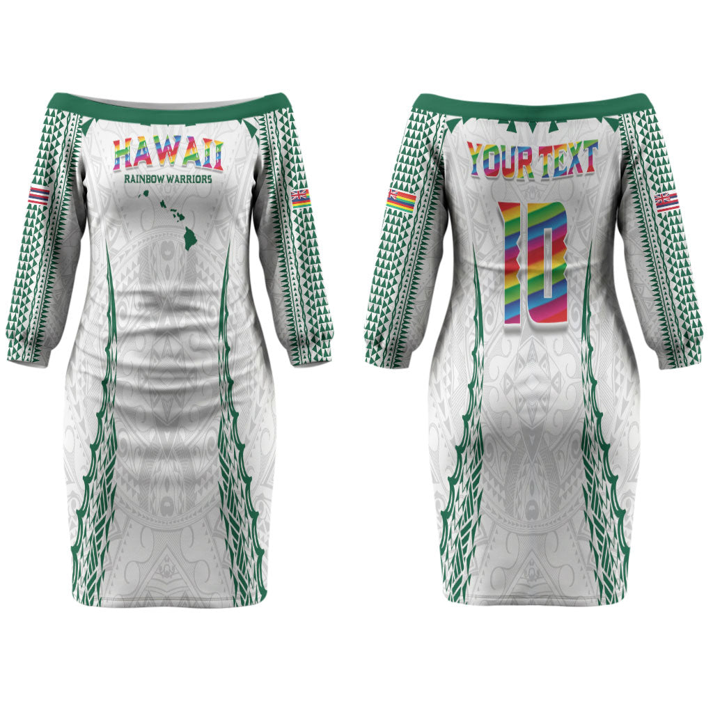 Custom Hawaii Rainbow Warriors Couples Matching Off The Shoulder Long Sleeve Dress and Hawaiian Shirt Polynesian Motif White Color