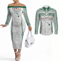 Custom Hawaii Rainbow Warriors Couples Matching Off The Shoulder Long Sleeve Dress and Long Sleeve Button Shirt Polynesian Motif White Color