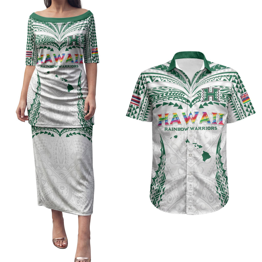Custom Hawaii Rainbow Warriors Couples Matching Puletasi and Hawaiian Shirt Polynesian Motif White Color