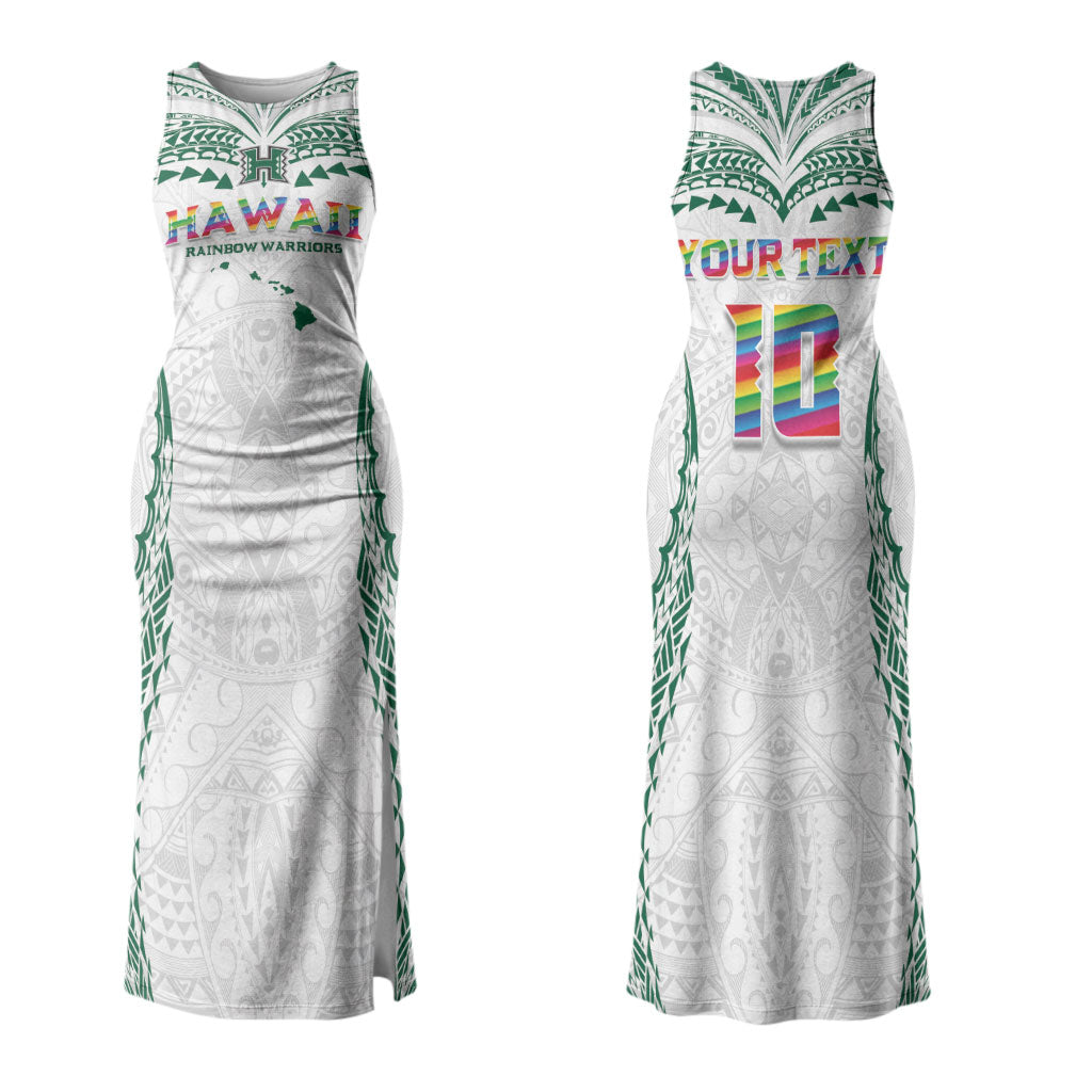 Custom Hawaii Rainbow Warriors Couples Matching Tank Maxi Dress and Long Sleeve Button Shirt Polynesian Motif White Color
