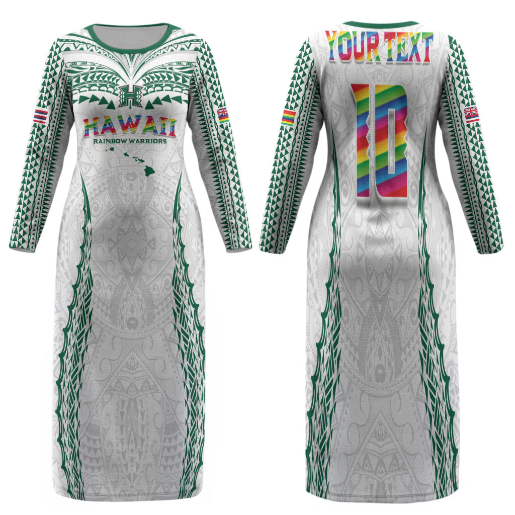 Custom Hawaii Rainbow Warriors Family Matching Long Sleeve Bodycon Dress and Hawaiian Shirt Polynesian Motif White Color
