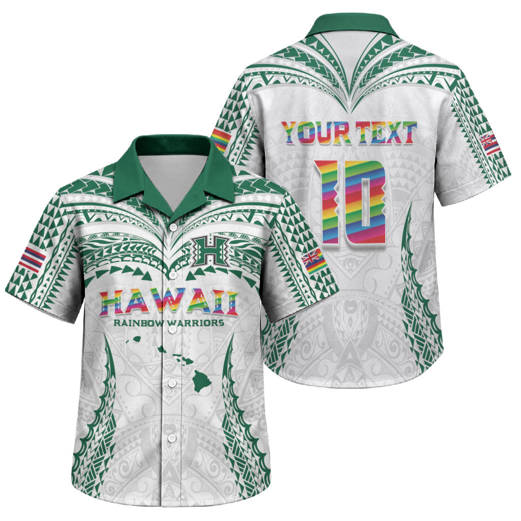 Custom Hawaii Rainbow Warriors Family Matching Off The Shoulder Long Sleeve Dress and Hawaiian Shirt Polynesian Motif White Color
