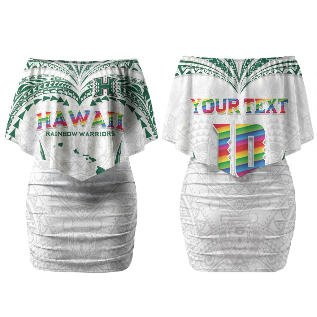 Custom Hawaii Rainbow Warriors Family Matching Off Shoulder Short Dress and Hawaiian Shirt Polynesian Motif White Color