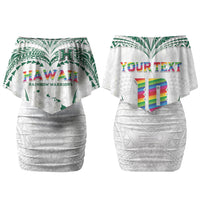 Custom Hawaii Rainbow Warriors Family Matching Off Shoulder Short Dress and Hawaiian Shirt Polynesian Motif White Color