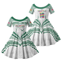 Custom Hawaii Rainbow Warriors Family Matching Off Shoulder Short Dress and Hawaiian Shirt Polynesian Motif White Color