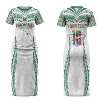 Custom Hawaii Rainbow Warriors Family Matching Short Sleeve Bodycon Dress and Hawaiian Shirt Polynesian Motif White Color