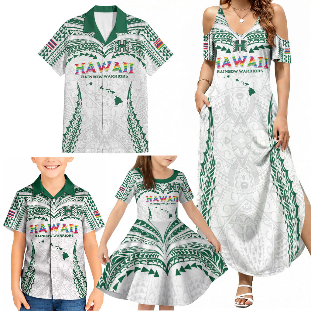 Custom Hawaii Rainbow Warriors Family Matching Summer Maxi Dress and Hawaiian Shirt Polynesian Motif White Color