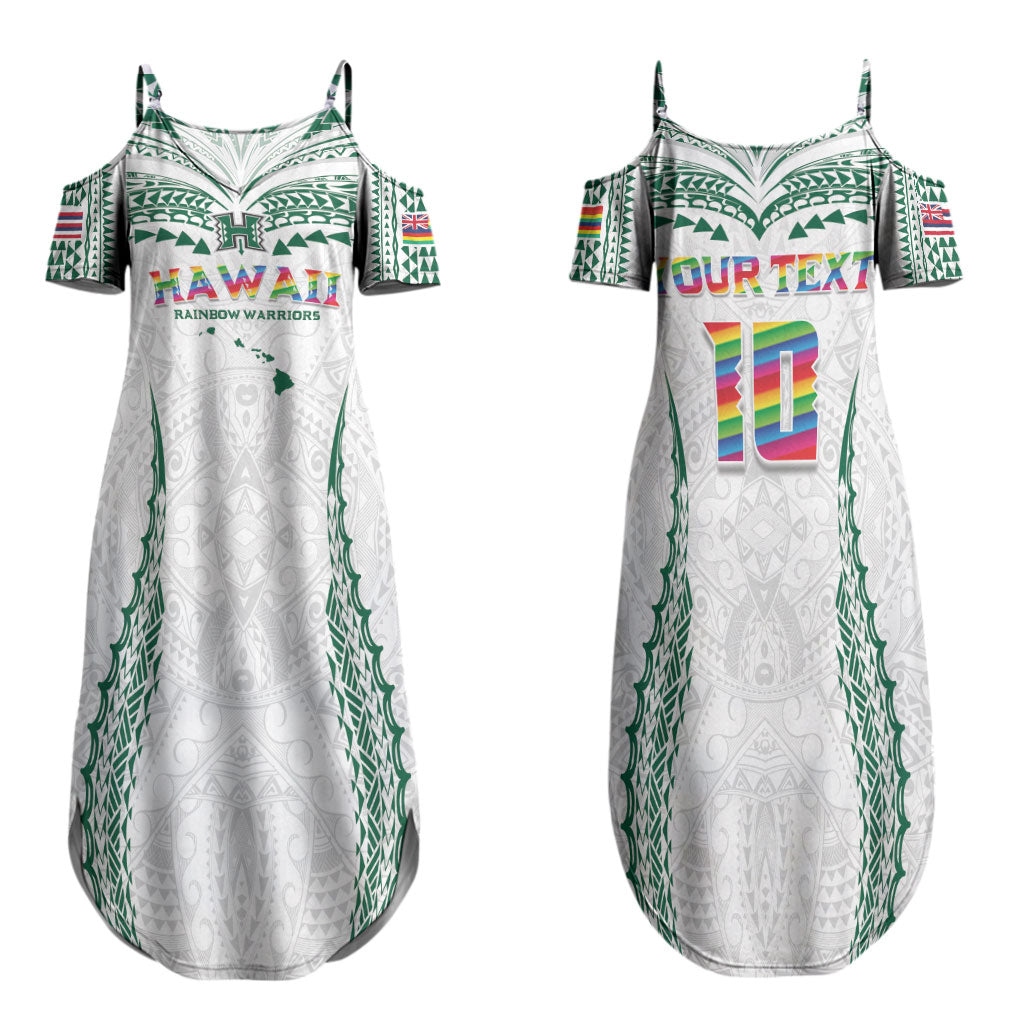 Custom Hawaii Rainbow Warriors Family Matching Summer Maxi Dress and Hawaiian Shirt Polynesian Motif White Color