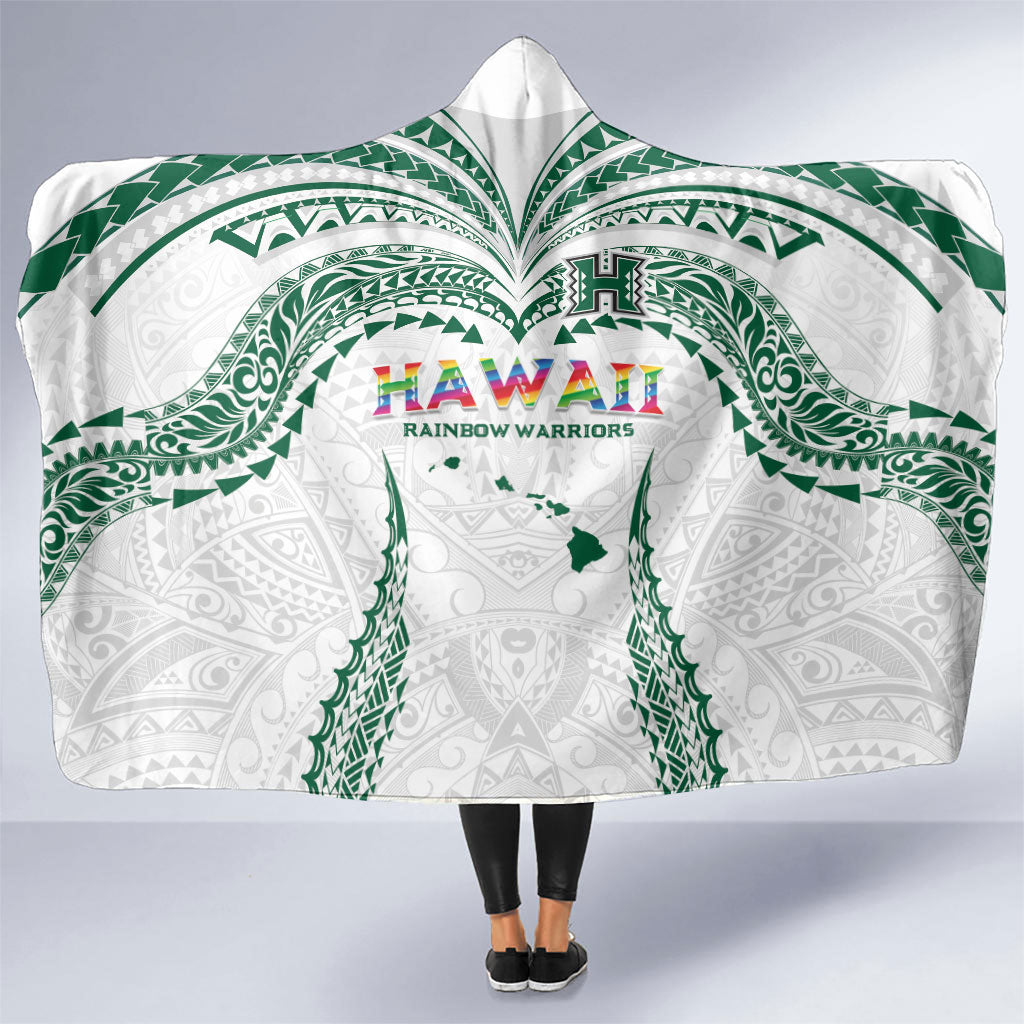 Hawaii Rainbow Warriors Hooded Blanket Polynesian Motif White Color LT03 One Size White - Polynesian Pride