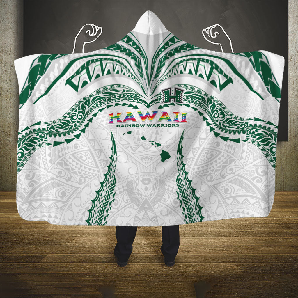 Hawaii Rainbow Warriors Hooded Blanket Polynesian Motif White Color
