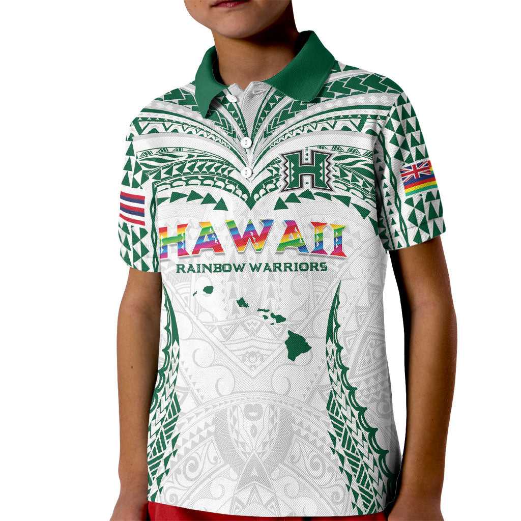 Custom Hawaii Rainbow Warriors Kid Polo Shirt Polynesian Motif White Color