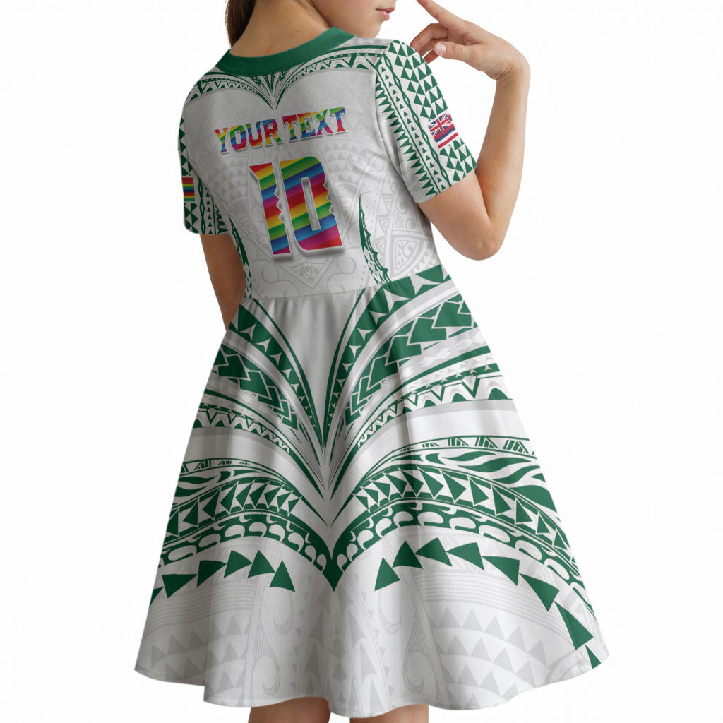 Custom Hawaii Rainbow Warriors Kid Short Sleeve Dress Polynesian Motif White Color