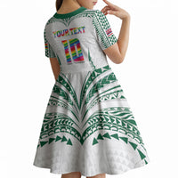 Custom Hawaii Rainbow Warriors Kid Short Sleeve Dress Polynesian Motif White Color