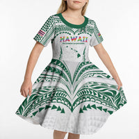 Custom Hawaii Rainbow Warriors Kid Short Sleeve Dress Polynesian Motif White Color