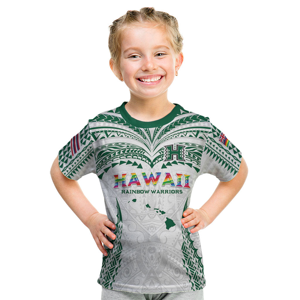 Custom Hawaii Rainbow Warriors Kid T Shirt Polynesian Motif White Color