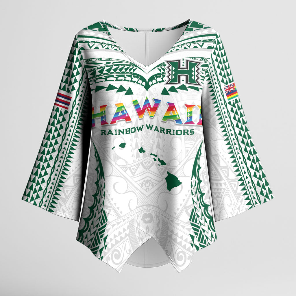 Custom Hawaii Rainbow Warriors Kimono Sleeve Blouse Polynesian Motif White Color