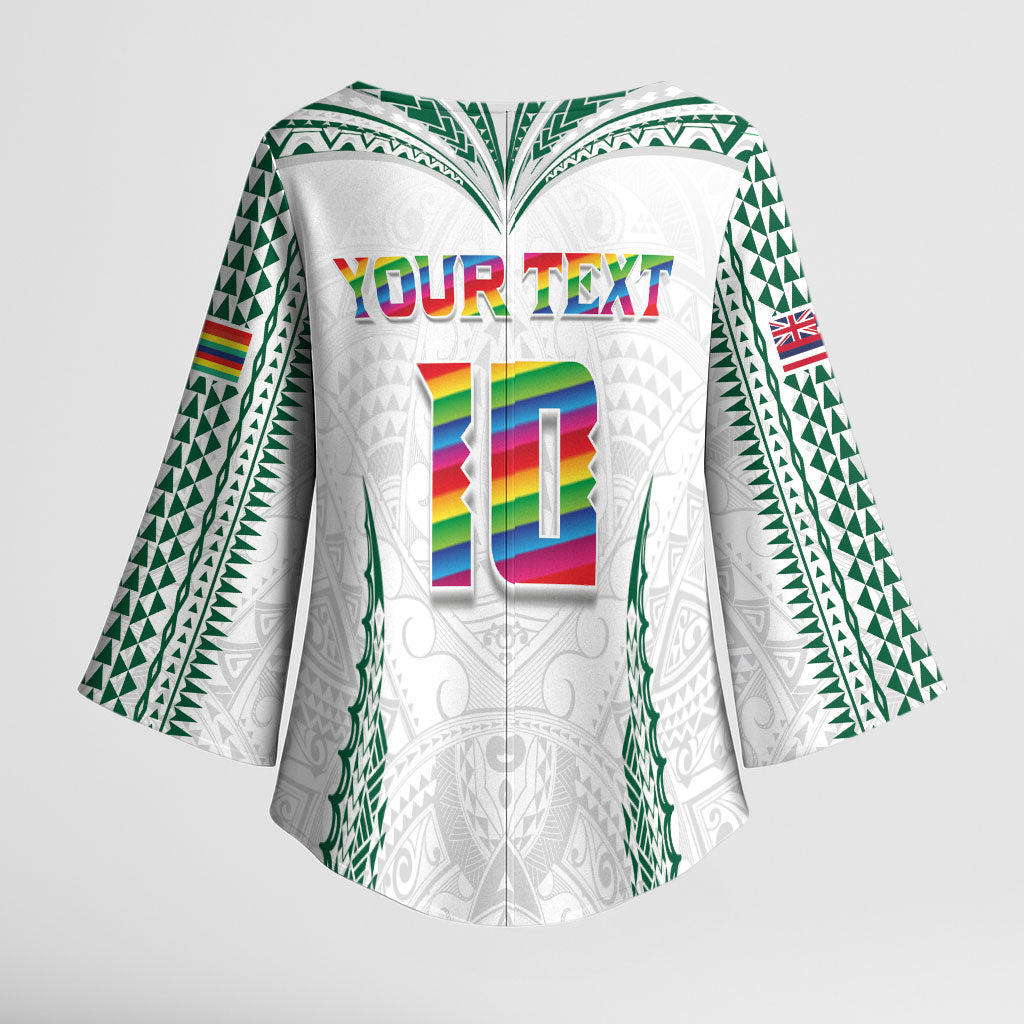 Custom Hawaii Rainbow Warriors Kimono Sleeve Blouse Polynesian Motif White Color