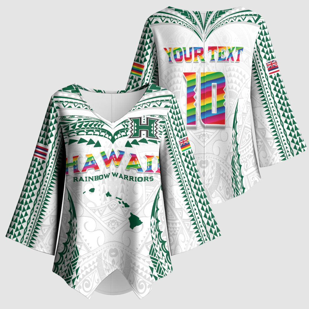 Custom Hawaii Rainbow Warriors Kimono Sleeve Blouse Polynesian Motif White Color