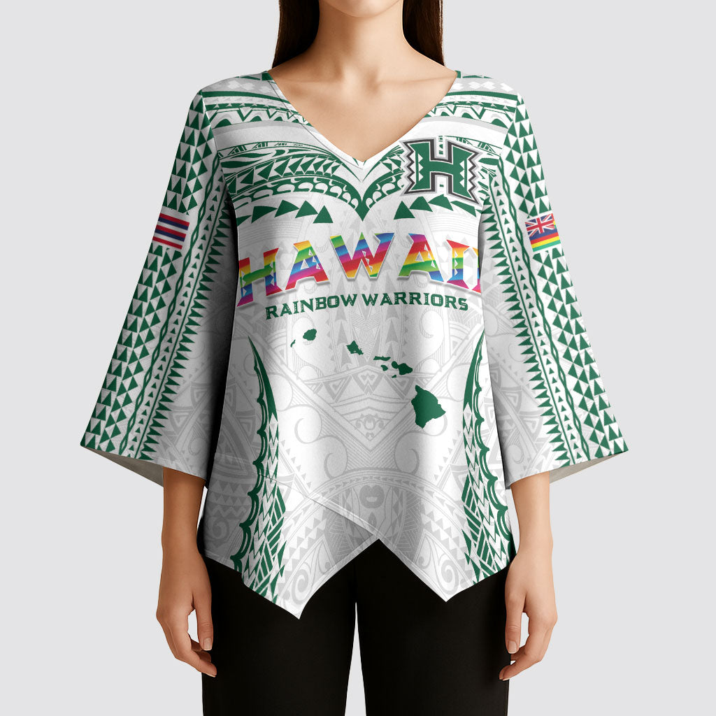 Custom Hawaii Rainbow Warriors Kimono Sleeve Blouse Polynesian Motif White Color