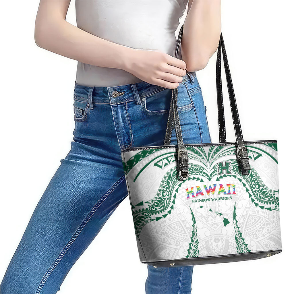 Hawaii Rainbow Warriors Leather Tote Bag Polynesian Motif White Color