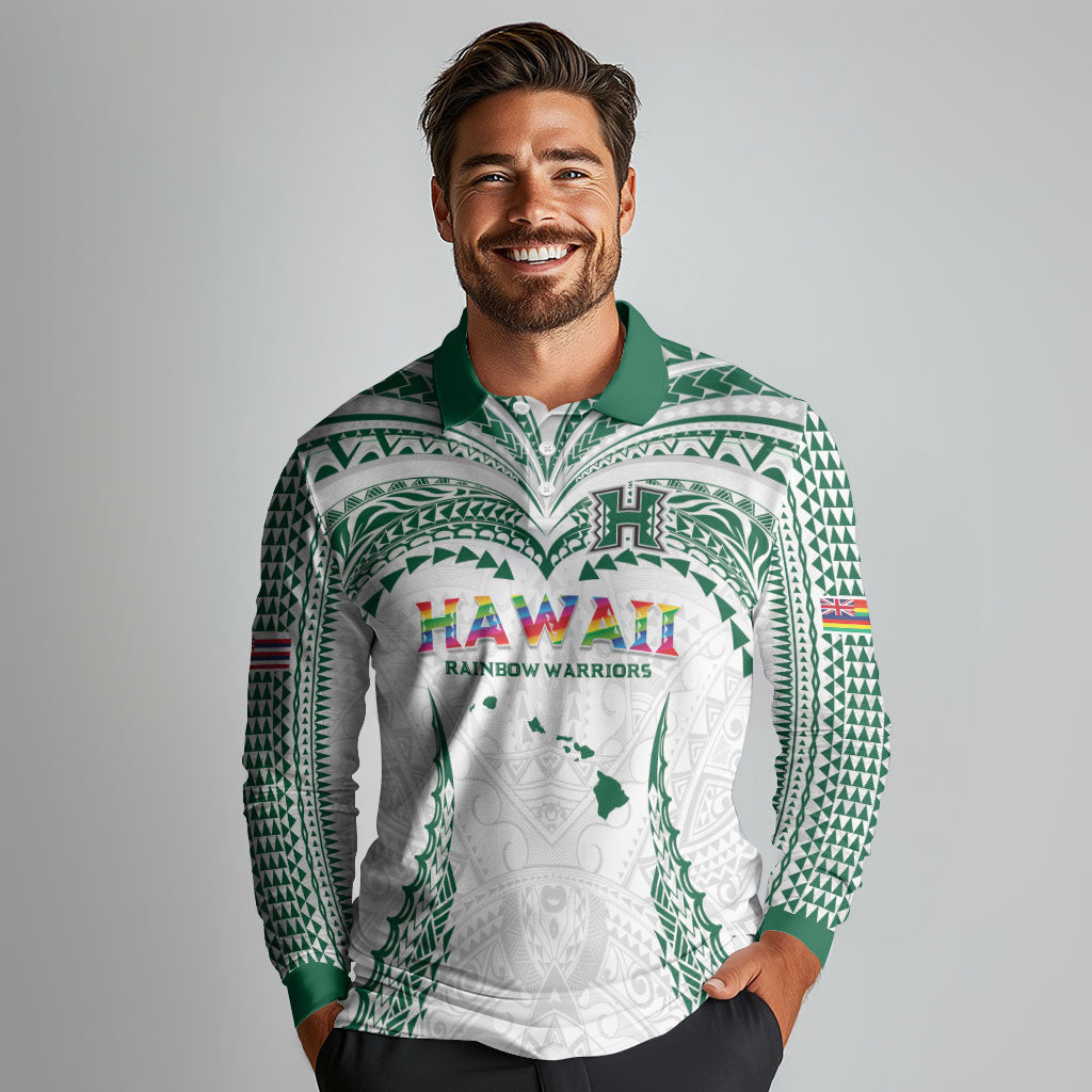 Custom Hawaii Rainbow Warriors Long Sleeve Polo Shirt Polynesian Motif White Color