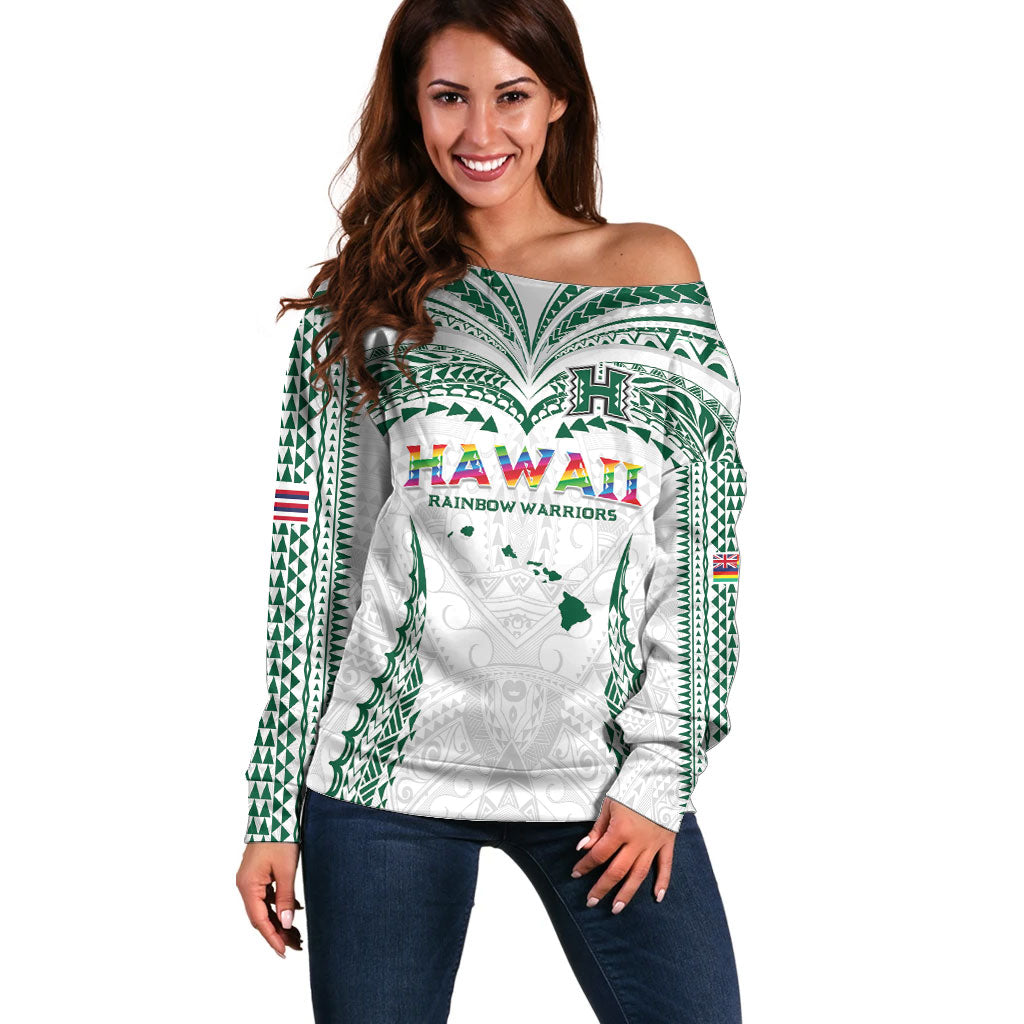 Custom Hawaii Rainbow Warriors Off Shoulder Sweater Polynesian Motif White Color