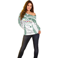 Custom Hawaii Rainbow Warriors Off Shoulder Sweater Polynesian Motif White Color