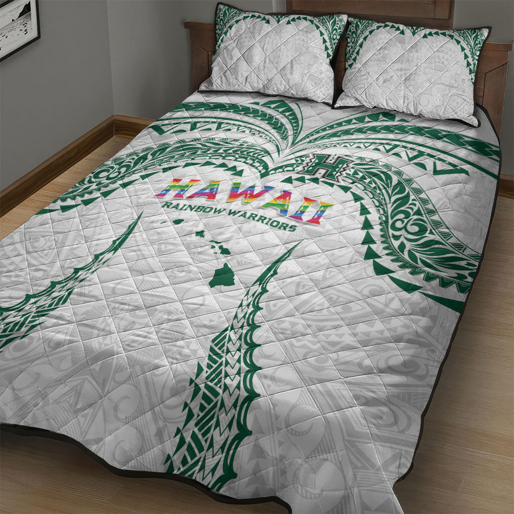Hawaii Rainbow Warriors Quilt Bed Set Polynesian Motif White Color