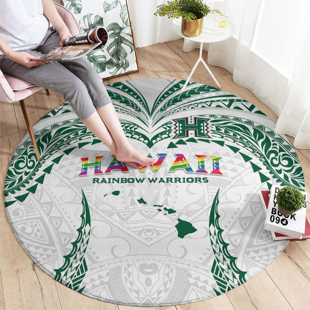 Hawaii Rainbow Warriors Round Carpet Polynesian Motif White Color