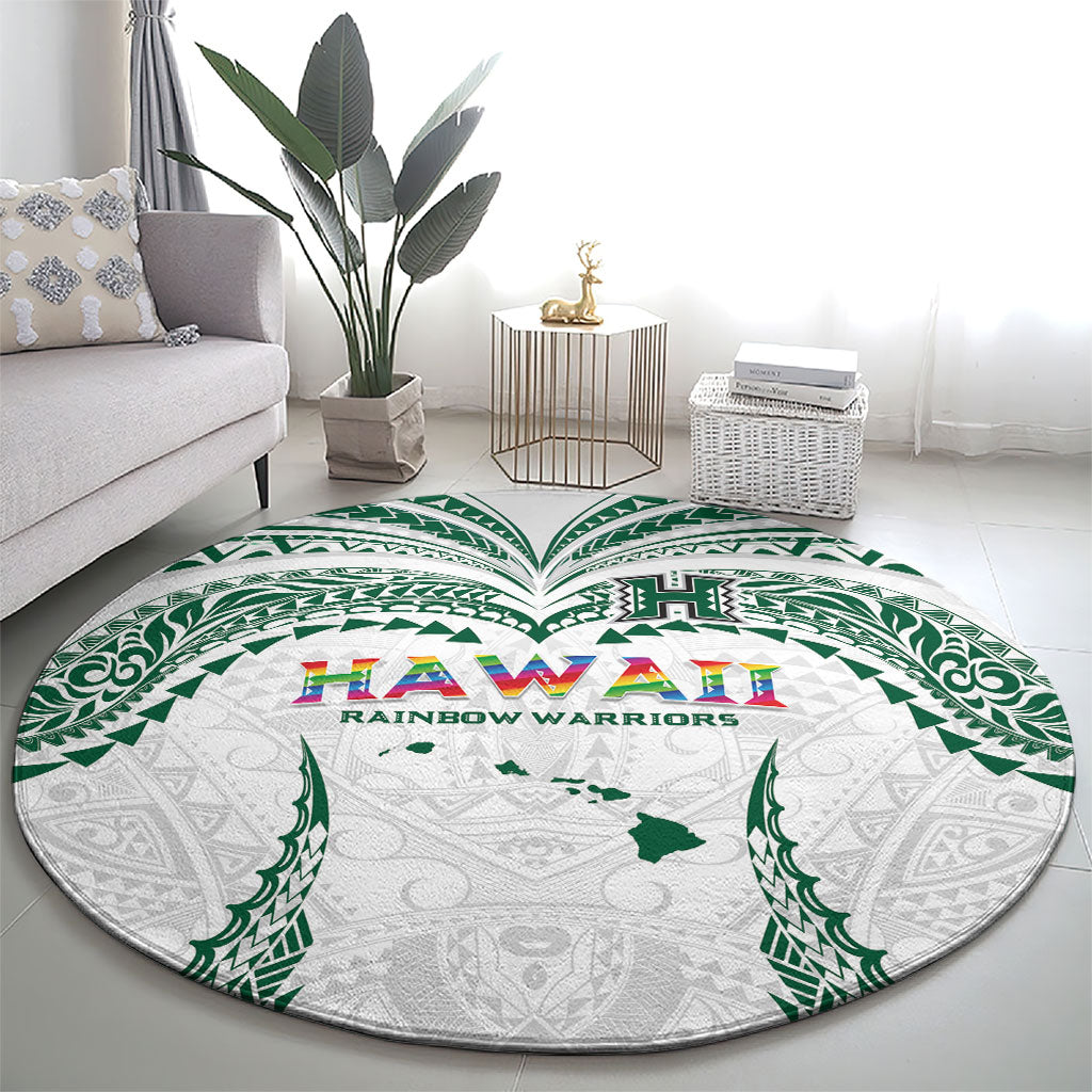 Hawaii Rainbow Warriors Round Carpet Polynesian Motif White Color
